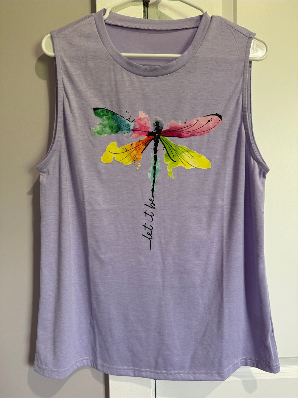 Lavender Muscle Tee with Colorful Watercolor Dragonfly